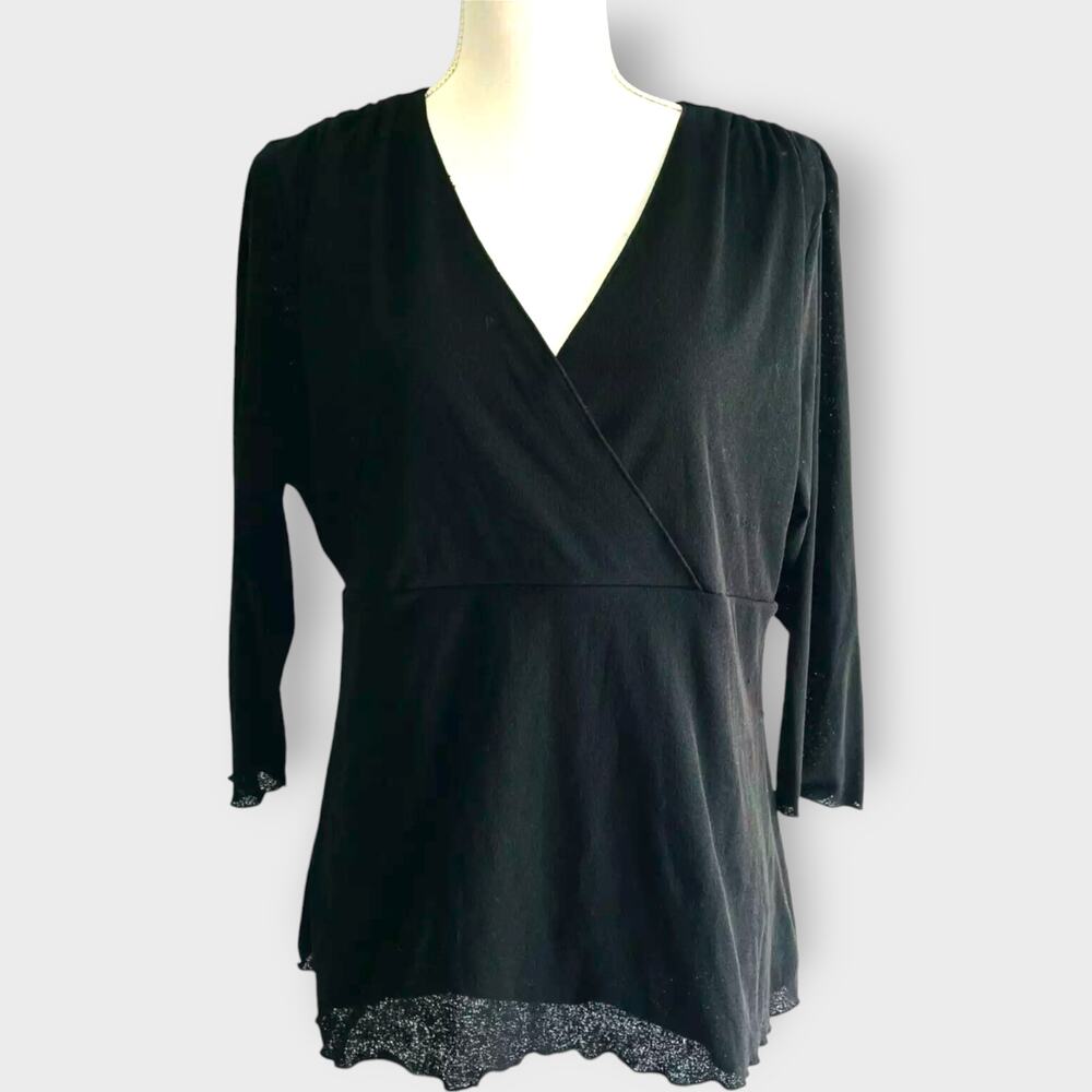 J. Jill Blouse V Neck Faux Wrap Lettuce Edge Black Size XL Petite Solid Crepe